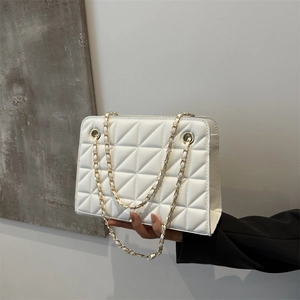 White quilted rectangular crossbody bag with triangle stitching and gold chain strap