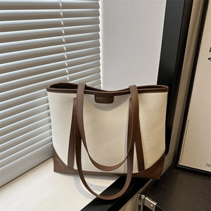 Women Large Capacity PU Leather Tote Bag Minimalist Contrast Color Splicing Office Commuter Daily Shoulder Bag Litchi Pattern