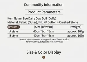 Size chart showing dimensions and materials for the cow bee gnome plush ornaments