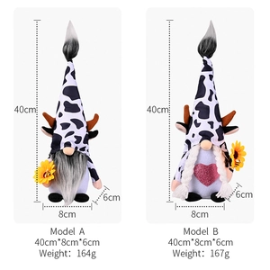 Detailed dimensions of cow-themed gnomes with sunflower and sequin heart decorations