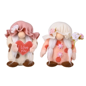 Handcrafted plush gnomes set holding heart and flowers for Mother's Day decor