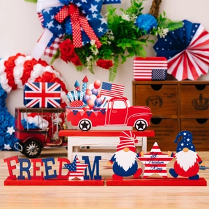 Independence Day wooden tiered tray decor set featuring freedom gnome and red truck