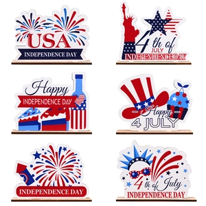 6-piece Independence Day wooden tiered tray decor with USA flags and star patterns