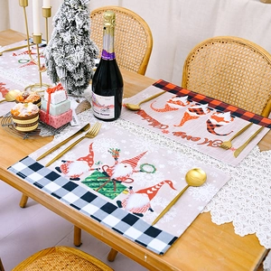 Christmas Forest Gnome Placemat with Red and Black Plaid Pattern and Festive Table Setting