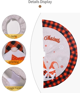 Detail view of gnome tree skirt showing hole, magic tape and buffalo plaid edge