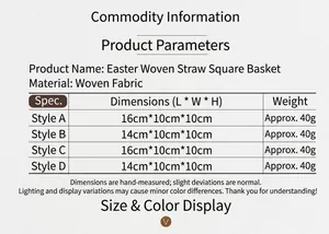 Detailed sizing chart for Easter cloth grass square baskets showing styles and measurements