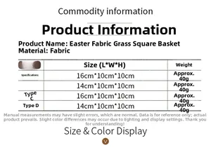 Detailed sizing chart for Easter cloth grass square baskets showing styles and measurements