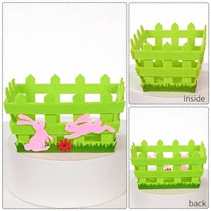 Detailed views showing front, inside, and back of green felt Easter basket with bunny deco