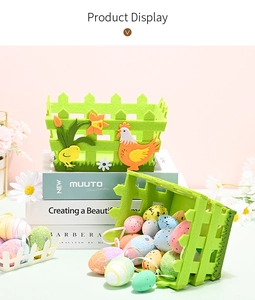 Macro detail of felt Easter basket with fence design and colorful foam eggs