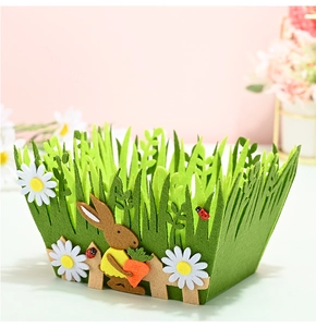 Detail of Easter non-woven felt basket with 3D bunny and carrot felt ornaments