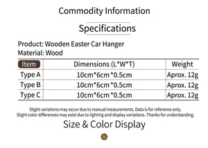 Size chart for Easter wooden car rabbit pendants with detailed product measurements