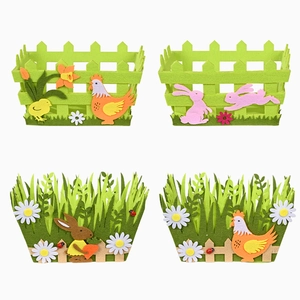 Set of four green felt Easter baskets with 3D bunny and chick decorations for spring