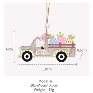 Detailed view of wood Easter truck ornament with Happy Easter text and dimensions