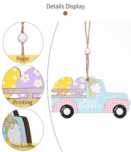 Detail view of Happy Easter wooden truck gnome hanger showing rope, printing, and thickness