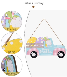 Detail view of Happy Easter wooden truck gnome hanger showing printing and wood thickness
