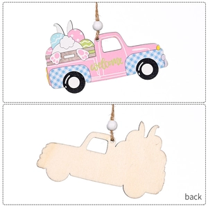 Detail of wooden Easter truck pendant with colorful eggs and a plain wood back