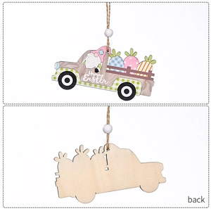 Front and back detail of wooden Easter bunny truck ornament with Happy Easter text