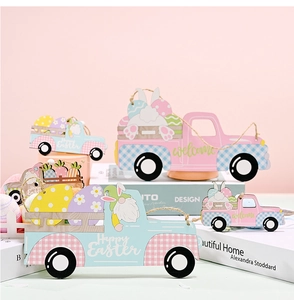 Easter wooden truck pendants with rabbit and egg patterns on a pink home decor setup