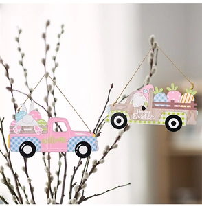 Detail of wooden Easter truck pendants with welcome and Happy Easter holiday greetings
