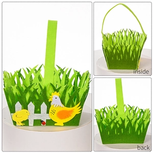 Detailansicht der Innen- und Rückseite des grünen Osterkorbs aus Filz mit Huhn-Design