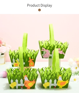 Details von vier grünen Osterkörben aus Filz mit Hasen und Küken auf rosa Hintergrund