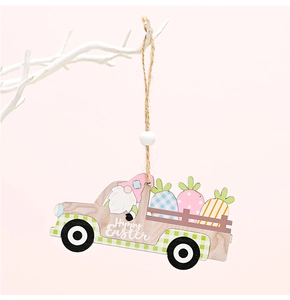 Detail of wooden Easter truck gnome hanging decoration with Happy Easter text and beads