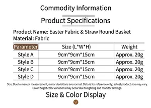 Size chart and specifications for Easter non-woven fabric basket ornaments