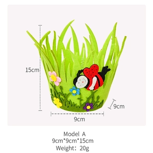 Detail of green felt Easter basket with colorful flower accents and ladybug applique