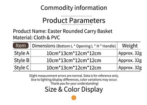 Size chart for Easter round non-woven gift basket with fabric and PVC material specs