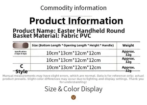 Size chart for Easter round non-woven gift basket with fabric and PVC material specs