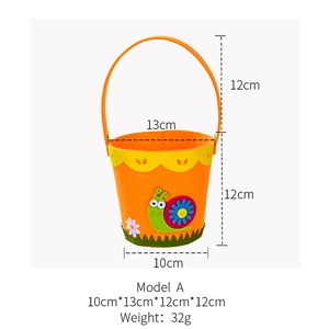 Detailed dimensions of orange felt Easter basket with snail design and measurements