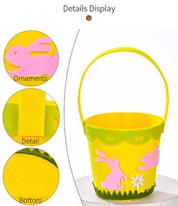 Detail display of yellow Easter felt bucket with rabbit ornament and reinforced handle