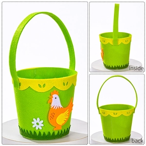 Detail view of Easter felt basket with yellow wavy trim and rooster flower applique