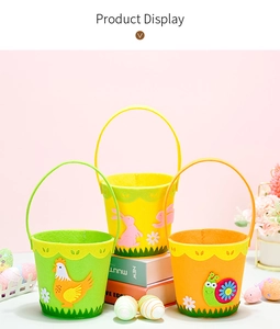 Detailed view of colorful Easter felt bags featuring chick, rabbit, and snail designs