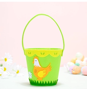 Detail of green felt Easter basket with yellow scalloped edge and chick embroidery design