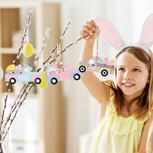 Handcrafted Easter wooden car pendants with bunny and gnome designs for festive decor