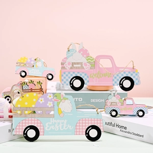 Easter wooden truck pendants set featuring bunnies and eggs with 'Happy Easter' lettering