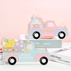 Easter wooden truck pendants with rabbit and Happy Easter designs on a pink background