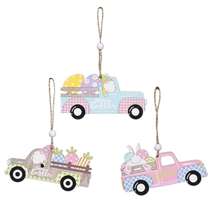 Easter wooden truck pendants featuring colorful eggs and rabbits with jute rope and beads