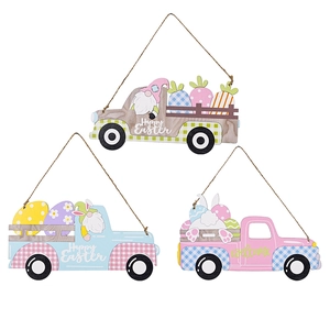 Three-piece Easter wooden truck pendants with gnomes, eggs and Happy Easter text