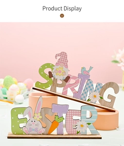 Detail of wooden Easter SPRING and EASTER signs with bunny and gnome patterns