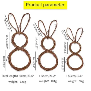 Three sizes of natural rattan Easter bunny wreaths for festive DIY wall hanging decorations