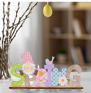 Detail of SPRING wooden sign with gnomes, birds and daisies on a stable base