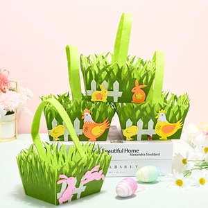 Grüner Osterkorb aus Filz mit Hasen und Küken Motiven für die Eiersuche und Dekoration