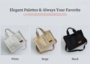 Detailed view of three corduroy tote bags in white, khaki, and black with fashion tags