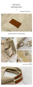 Detail of beige corduroy tote with Fashion leather patch, external pocket and metal hardware