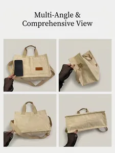 Multi-angle view of large beige corduroy tote bag showing front side back and bottom details