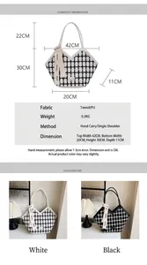 Detail view of stylish checkered tote bag with ribbon decoration and dimensions chart