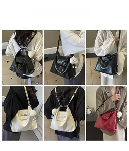 Detailed views of versatile tote bag with bow detail and plush charm in various styles