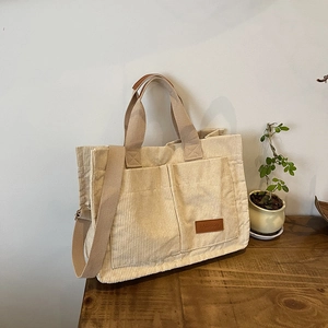 Women's Corduroy Tote Bag Large Capacity Shoulder Messenger Bag With Wide Strap Retro Casual Handbag With Double Pockets